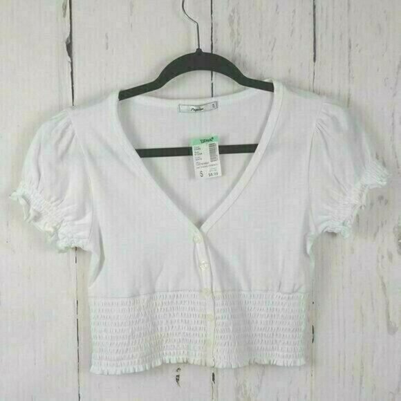 💰3/$25 Papaya Women's Crop Top Topper White Shirred Ruched Sleeves Jrs S NWT - Picture 3 of 7